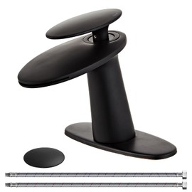 Wovier Matte Black Waterfall Bathroom Sink Faucet,Single Handle Single Hole Brass Lavatory Vanity Faucet,Slanted Body Basin Mixer Tap with Supply Hose and Pop Up Drain Assembly
