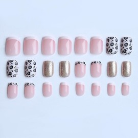 French Tip Press on Nails Short Square Fake Nails False Nails with Leopard Print Glitter Designs Cute Acrylic Nail Glossy Glue on Nail for Women Girls 24Pcs