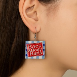Checkered Earrings For Women, "Back And Body Pain" Checkerboard 2D Acrylic Dangle Earring Blue White And Red Square Meaningful Trendy Jewelry Gifts, Large, Acrylic, No Gemstone