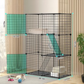 Large 3-Tier Cat Cage & Enclosure - Detachable Indoor Cat Playpen with 3 Doors & 2 Ramps, Metal Wire Cat Crate House Box for 1-2 Cats, Ferrets, Small Pets, 28.2" L x 14.0" W x 42.1" H, Black