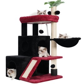 Gitelsnour Cat Tree, Heavy Duty Cat Tower for Indoor Cats, Large Bottom Cat Condo for Maine Coon with Self Groomer Brush, Big Padded Top Perch, Scratching Post, Hammock, Black and red GCT011BR