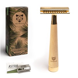 ANYMALE® Gold Edition Maple Wood Safety Razor - Includes 5 Astra Blades - Zero Waste Wet Razor for Men and Women