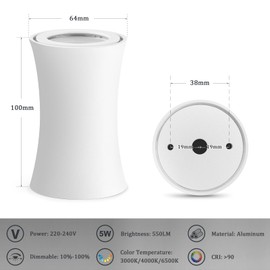 YindaLux LED Surface-Mounted Spotlight, White, Diameter 64 x 100 mm, Surface-Mounted Spotlight, Dimmable, 3000 K/4000 K/6500 K, IP44 Ceiling Spotlights, Surface-Mounted Spotlights, Including 5 W 550