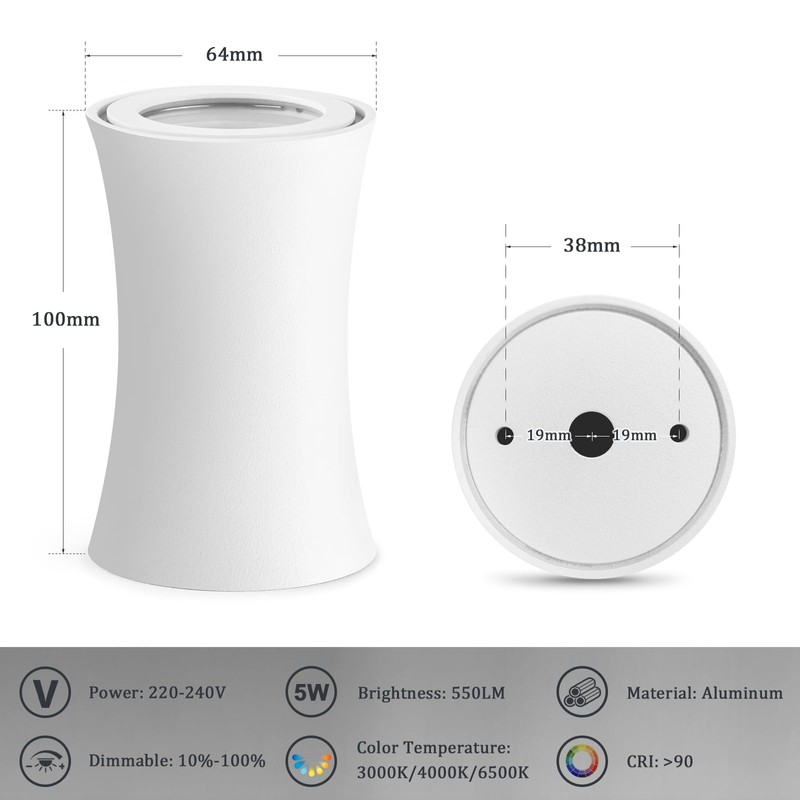 YindaLux LED Surface-Mounted Spotlight, White, Diameter 64 x 100 mm,