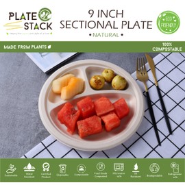 100% Compostable, 3 Compartment, Disposable Paper Plates [125-Pack] - (PFAS Free) - (BPA Certified) - [9 Inch] Heavy Duty Biodegradable Bagasse Sectional Lunch Trays + Dividers - Divided Platte Tray