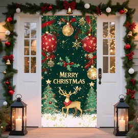 Christmas Door Cover Banner, 6 x 3 ft Christmas Decorations Flag Photography Background for for Winter Party Decorations Supplies (Green, 70.8 x 35.4 Inch)
