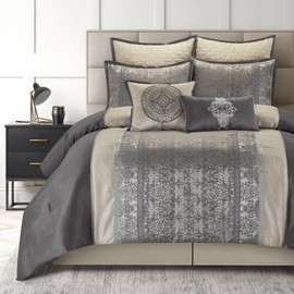 LANCO MODERN LIFESTYLE California King Size Comforter Set, Grey Beige, Traditional Jacquard Woven Soft Fabrics, 8 Pieces Bedding Set with Bed Skirt, Pillow Shams and Decorative Pillows