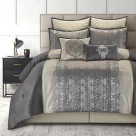 LANCO MODERN LIFESTYLE California King Size Comforter Set, Grey Beige, Traditional Jacquard Woven Soft Fabrics, 8 Pieces Bedding Set with Bed Skirt, Pillow Shams and Decorative Pillows