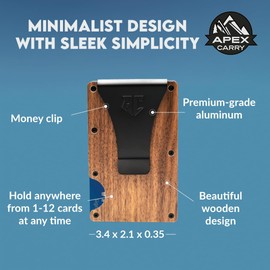APEX CARRY Men's Minimalist Credit Card Holder - Slim Wallet for Men with RFID Blocking - Front Pocket Metal Wallet with Money Clip, Walnut, Minimalist
