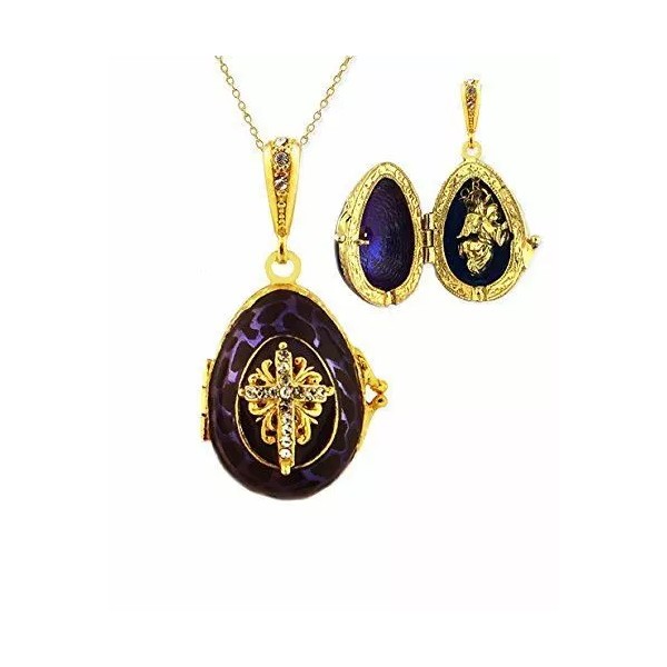 Alex-Intl Gold Plated Sterling Silver Purple Enamel Egg Locket Pendant
