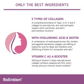 BioEmblem Beauty Collagen - 11G Hydrolyzed Multi-Collagen Peptides, Hyaluronic Acid, Vitamin C & Biotin - Bovine, Fish & Eggshell Membrane Collagen - Skin, Hair, Nail, & Joint Health - 30 Servings