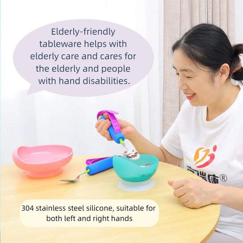 UKYCEORA Auxiliary Tableware,Feeding/Elderly/Anti-shake Spoon,Fork, Fork and Spoon,Three-piece Set, orange Handle