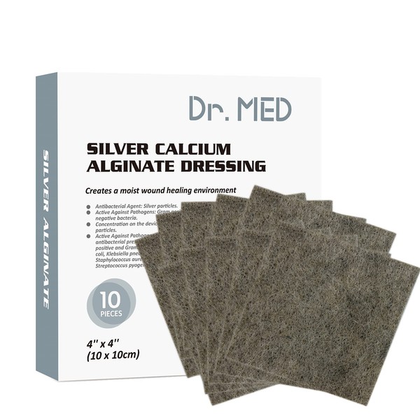 Dr. Med Silver Calcium Alginate Wound Dressing 4''x4'' Patches, 10 Individual Pack High Absorbency Ag Alginate Wound Bandage, Non-Adhesive, Painless Removal Gauze
