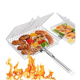 Grill Basket Set for Outdoor Grilling - Large Capacity Fish Grill Basket & Grilling Rack - Food Grade Stainless Steel Portable Flat Basket with Removable Handle for Vegetables, Shrimp & Camping (XL+L)