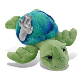 DolliBu Blue Tie-Dye Green Sea Turtle Stuffed Animal with Silver Cross and Personalization - Baptism Gifts for Boys and Girls, Dedication Christening Gift Plush Prayer Toy Healing Teddy Bear - 10 Inch