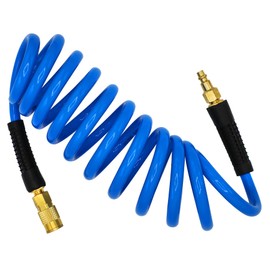YOTOO Polyurethane Recoil Air Hose 3/8" Inner Diameter by 10' Long with Bend Restrictor, Repairable 1/4" Industrial Quick Coupler and Plug, Blue