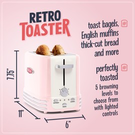 Nostalgia Retro Wide 2-Slice Toaster, Vintage Design With Crumb Tray, Cord Storage & 5 Toasting Levels, Pink