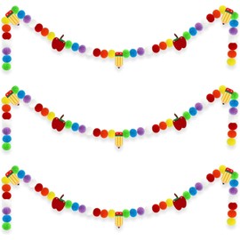 3 Pcs Back to School Felt Banner Pencil Apple Garland Classroom Return to School Pom Pom Ball Garland Colorful Pompom Hanging Banner Hanging Garlands for First Day of School Classroom Decorations