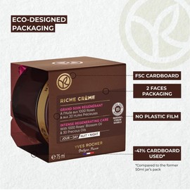 Yves Rocher Crema hidratante facial Riche Crème Anti-envejecimiento Intense Regeneradora de día y noche con aceites preciosos, para piel madura + piel seca, frasco de 2.5 fl oz