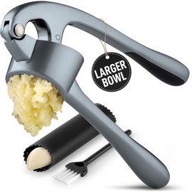 Zulay Kitchen Large Premium Garlic Press Set - Bigger Bowl for Bigger Garlic - Rust Proof & Dishwasher Safe Garlic Mincer Tool - Easy-Squeeze, Easy-Clean Silicone Garlic Peeler & Brush (Slate)