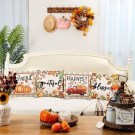 ONFAON Fall Decorations for Home, Fall Pillow Covers 18x18 Set of 4, Thanksgiving Decorations Autumn Cushion Case for Couch(Fall07)