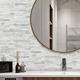 STICKGOO 20 Sheets Peel and Stick Backsplash Tile, Stick on Backsplash for Kitchen and Bathroom, Volakas White Look PVC Mixed Metal Silver Self Adhesive Wall Tiles