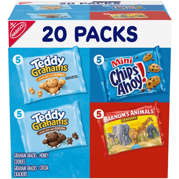 Nabisco Fun Shapes - Paquete variado de galletas de animales de Barnum, Teddy Grahams y CHIPS AHOY! Mini, 20 paquetes de 1 oz