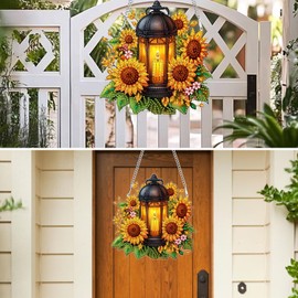 MXJSUA Lantern Sunflowers Special Shaped Hanging Diamond Painting Art Kits for Adults, Crystal Rhinestone Acrylic Gem Art Pendant Ornaments Kit for Home Decoration