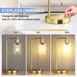 CNXIN 16.5" Gold Industrial Table Lamps for Bedrooms with 2 USB Ports, Fully Stepless Dimmable Modern Nightstand Lamps Set 2, Small Lamps for Living Room Side Table, Bulbs Included