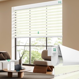 Allesin Motorized Blinds No Drill Automatic Zebra Shades with Remote | Dual-Layer for Light Control Smart Electric Window Blinds for Home Office, Living Room (Cream 34" W x 72" H)