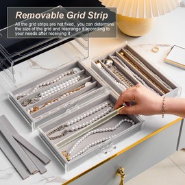 YUFONG Necklace Holder Organizer, Dustproof Necklace Box Velvet Necklace Organizer Box with Lid Clear Acrylic Dustproof Stackable Jewelry Displays for Necklaces Chain Display (Gray, 3 Drawer)