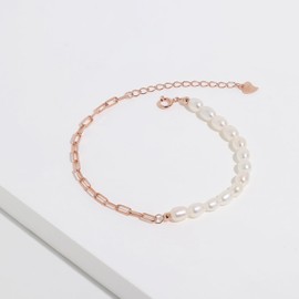 Meissa 925 Sterling Silver Pearl Bracelet for Women Girls Adjustable Paperclip White Pearl Bracelets Gold Party Wedding Jewellery for Lover Bridal, Silver