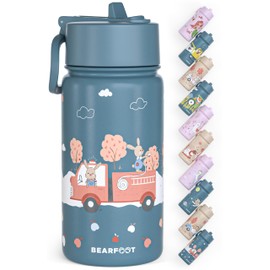 BEARFOOT Children's Stainless Steel Water Bottle with Straw - Thermos Flask 400 ml - BPA Free - Leak-Proof - Toddlers, Girls and Boys Water Bottle for School, Nursery (Blue - Fire Brigade)