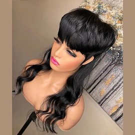 QITAQOTA Mullet Wigs for Black Women - Body Wave Pixie Cut Wig with Bangs - Heat Resistant