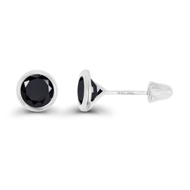 Solid 14K White Gold 6mm Round Natural Black Onyx Birthstone Bezel Screw Back Stud Earrings