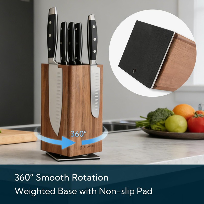 KITCHENDAO Magnetic Knife Block without Knives, 360° Rotatable Acacia Wood