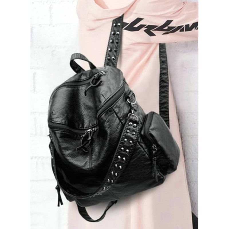 Hycurey Womens Stylish Rivet Backpack Washed Multi Pocket Knotted Zipper