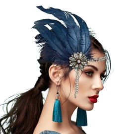 howkuhat Women's Fascinators 1920s Gatsby Feather Flapper Headband Rhinestone Headpiece Retro Hair Accessories For Wedding Party(Navy Blue, One Size)