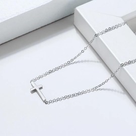 SAINT RAPHAËL Silver Cross Necklace for Women, for Men, Hypoallergenic Waterproof Gold Plated Stainless Steel, Dainty Sideways Cross Pendant Necklace Chain Choker, Simple Minimalist (Silver)