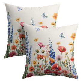 Spring Summer Floral Pillow Covers 18x18 Inch Set of 2 Colorful Flowers Decoration Pillow Cases Vintage Wildflowers Throw Pillows Cover Outdoor Farmhouse Plant Cushion Case for Home Couch Bed Sofa