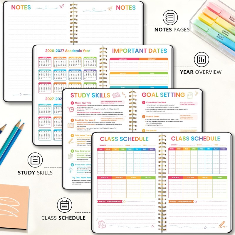 Student Planner 2026-2027, Black Spiral Academic Planner with Colorful Pages,