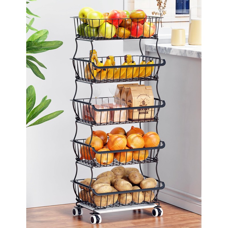 OKZEST 5 Tier Fruit Basket for Kitchen, Stackable Bins Wire