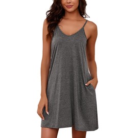 Marvmys Womens Sleeveless Nightgowns Spaghetti Strap Cotton Sleep Dress Lightweight Summer Night Shirts with Pockets Dark Grey L