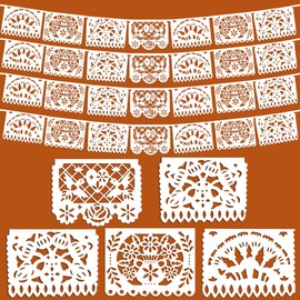 PureHabitat White Papel Picado Banner, 33ft Plastic Mexican Flag with 5 Designs, Fiesta Decorations for Cinco de Mayo, Cielito Lindo Baby Shower Wedding Dia de Los Muertos Day of the Dead Party Decorations