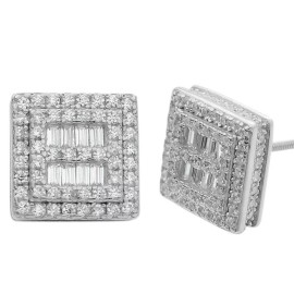 Harlembling Mens Real Solid Sterling Silver CZ Baguette Earrings Studs 10mm Square