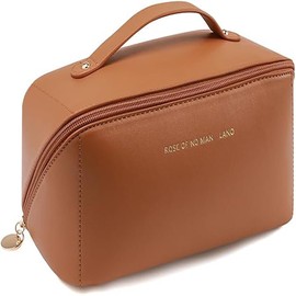 SYGELER Premium PU Travel Cosmetic Organizer - Waterproof Large Capacity Makeup Bag for Women, Portable Toiletry Storage with 5 Compartments, Vacation Essentials (Brown)