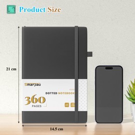 Smarpau Thick A5 Bullet Dot Grid Journal, Dotted Notebooks 360 Numbered Pages for Writing, 100gsm Paper Softcover Leather Journal for Office School Work Women Men, 14.5 x 21cm - Black