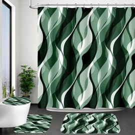 BayNook 4PCS Emerald Green Bathroom Sets with Shower Curtain and Rugs, Abstract Striped Shower Curtain Sets with Rugs for Bathroom, Modern Bathroom Curtains Shower Set with Toilet Lid Cover