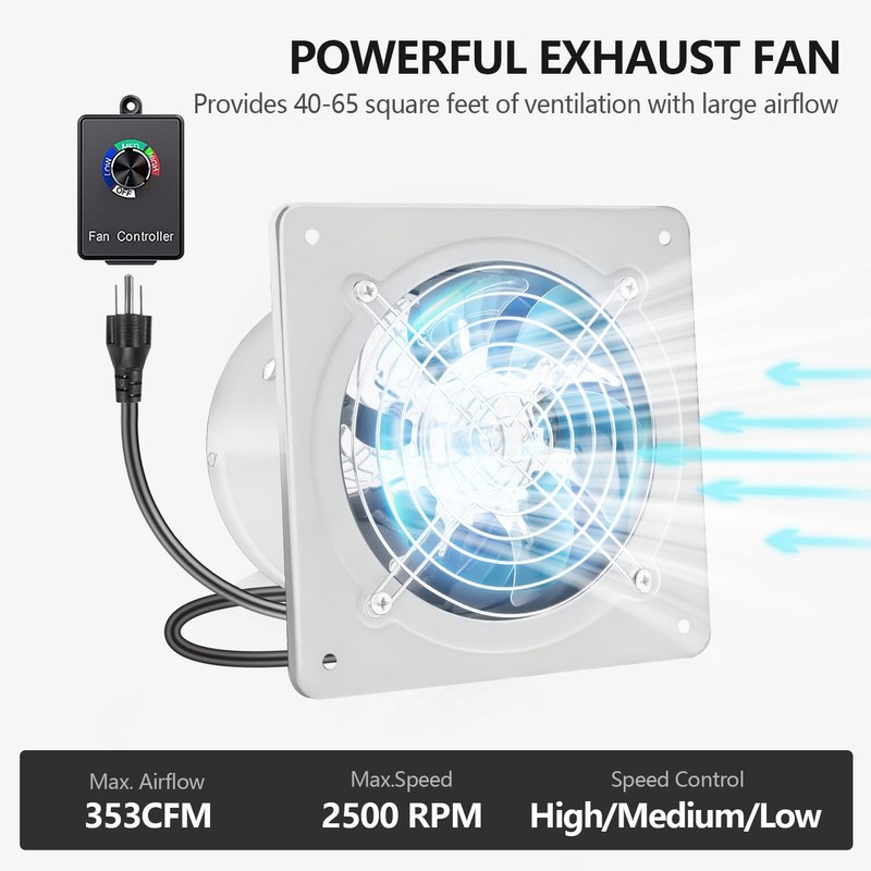 Q-Hillstar 6 inch 110V Exhaust Fan, 353CFM Variable Ventilation Fan