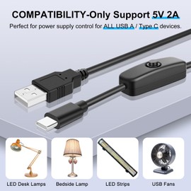 5V USB Type C Switch Extension Cable, 2Pcs 6.6FT USB A to Type C Male Power USB Charging Cord Adapter Connector with On Off Switch Cable for Lamp/5V Fan, LED Strip Lighting (Black)